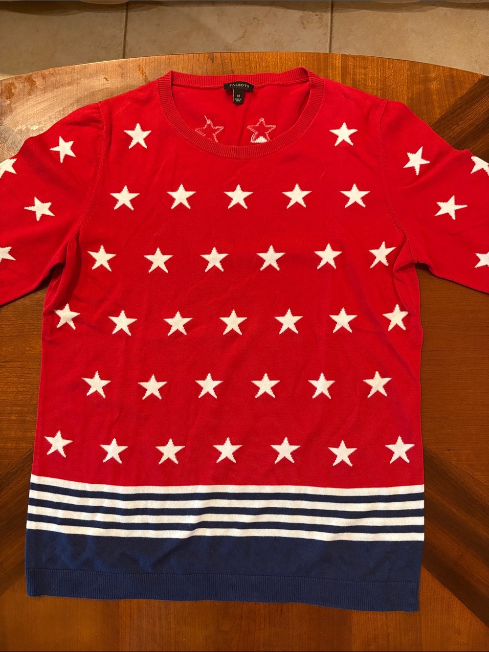 Talbots Women’s Red Short-Sleeve Patriotic Star Knit Sweater with Navy Stripe